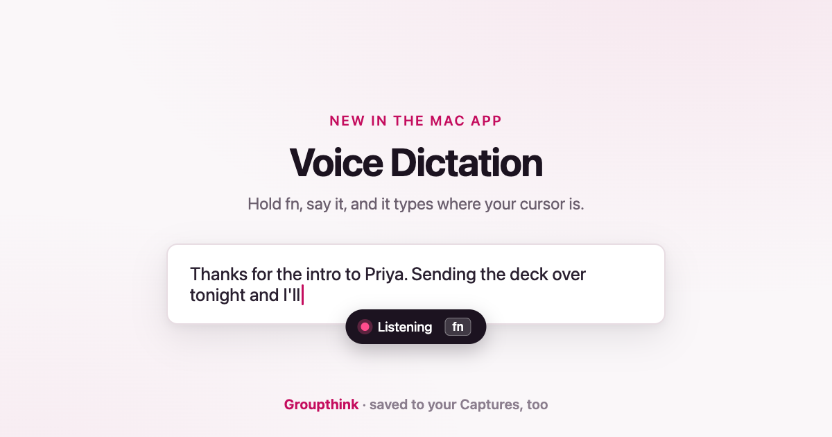 A title card reading New in the Mac app, Voice Dictation: Hold fn, say it, and it types where your cursor is. Below it a text box holds a half-dictated thank-you message, with a Listening indicator and an fn key under it, and the line Groupthink, saved to your Captures, too.